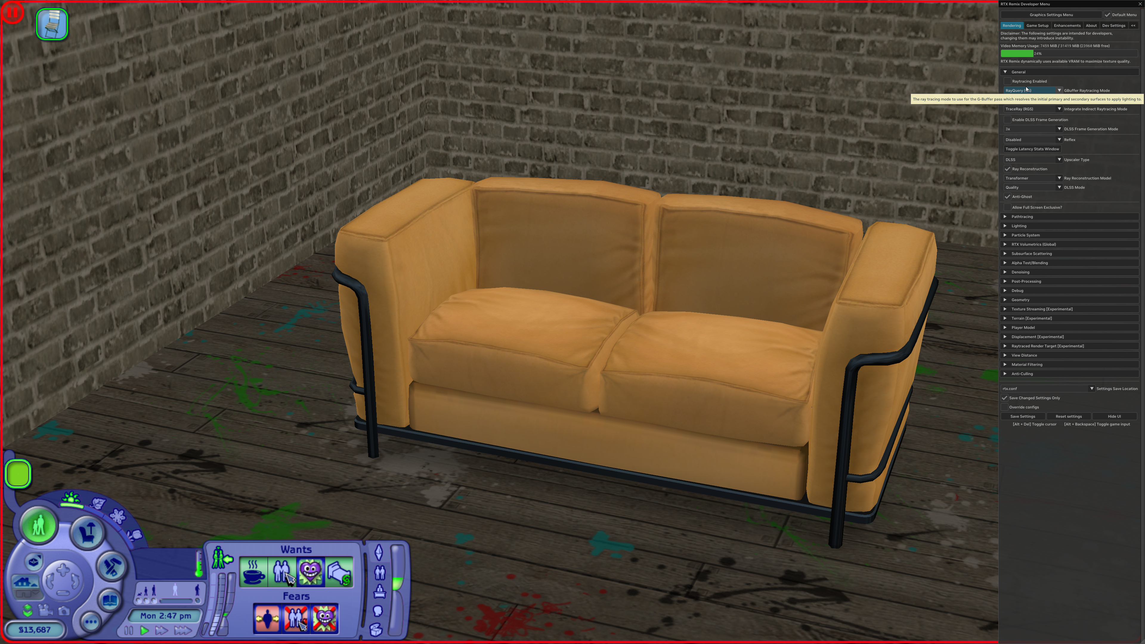 The same sofa scene with ray tracing disabled in RTX Remix.