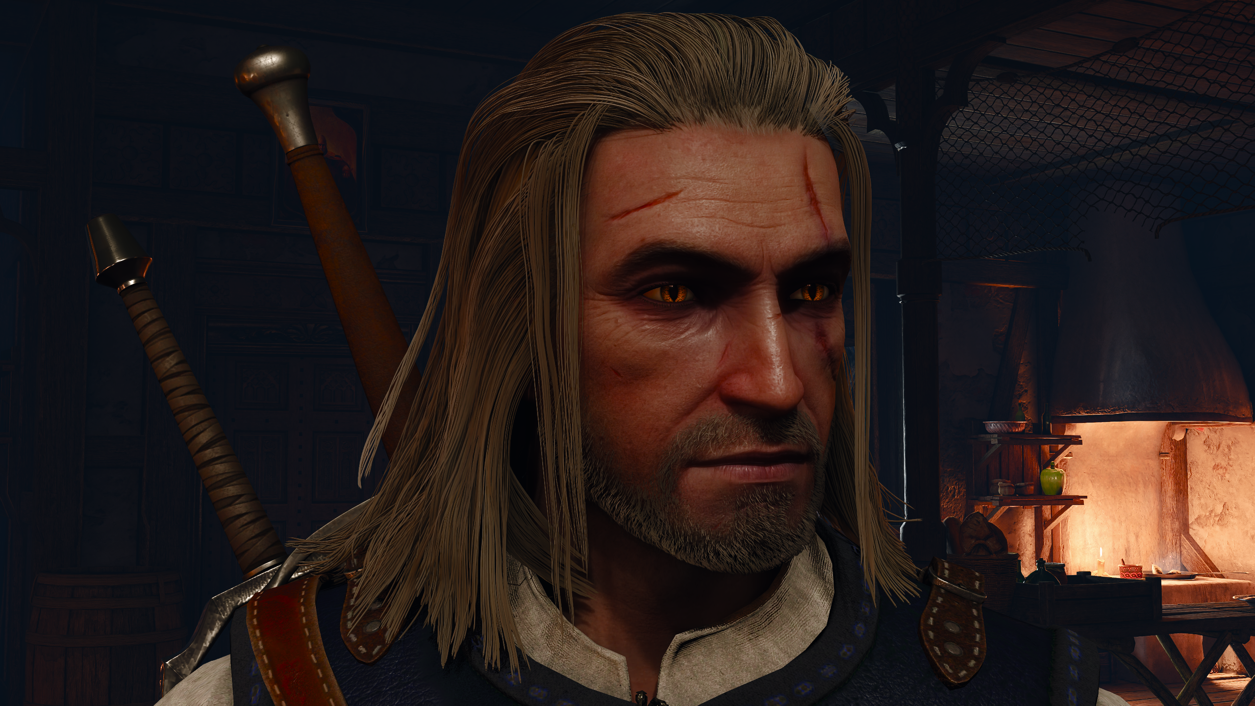 Geralt in the matching indoor view with HairWorks in patch 5.00b.